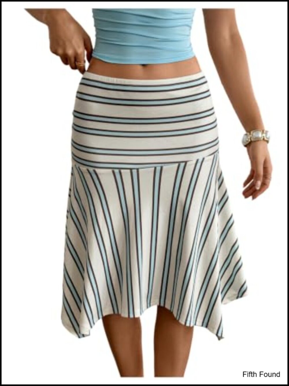 Striped Flowy Midi Skirt Low Waist Asymmetrical High Low Hem
